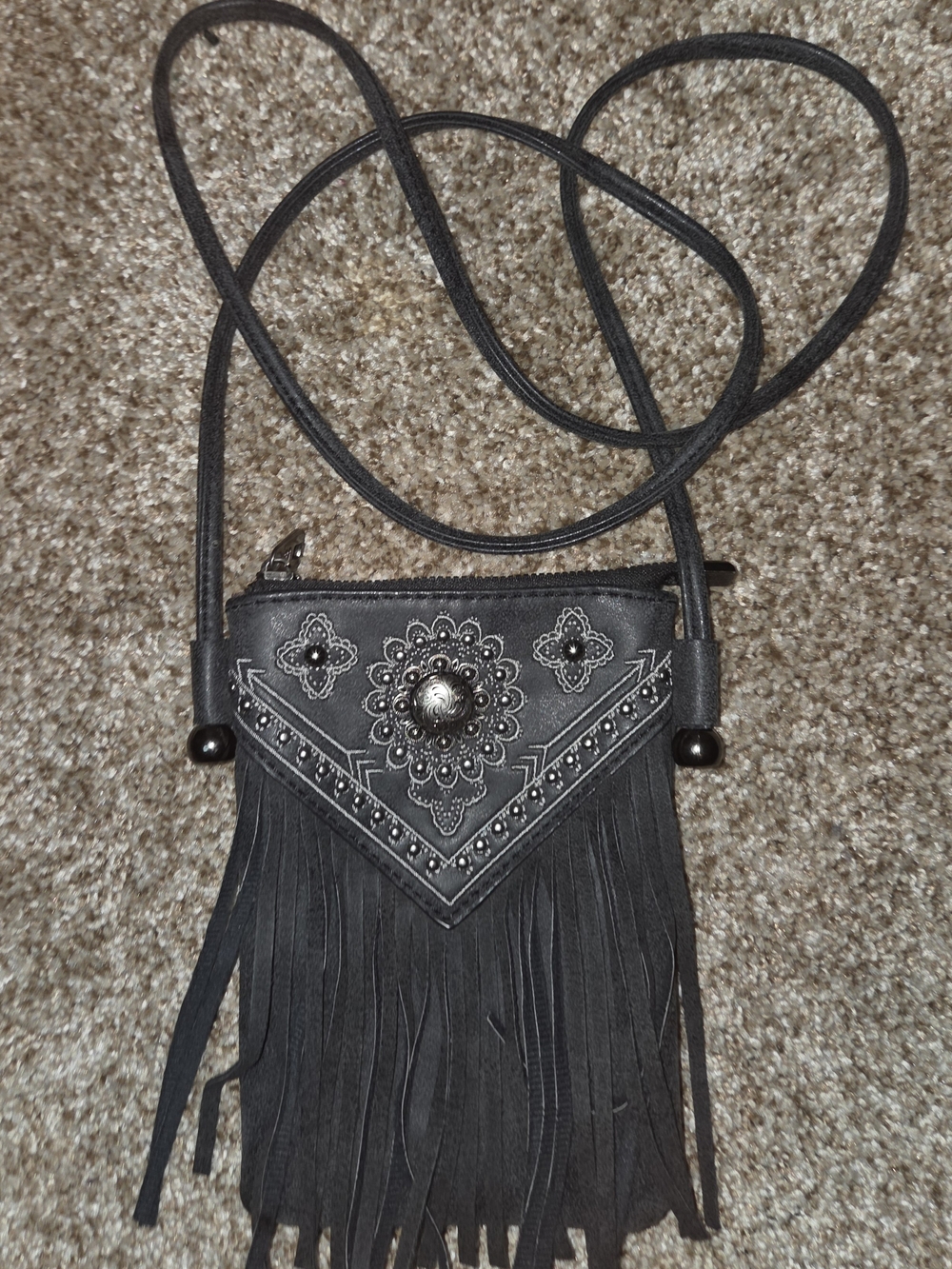Black Fringe Crossbody with Floral Concho Detail